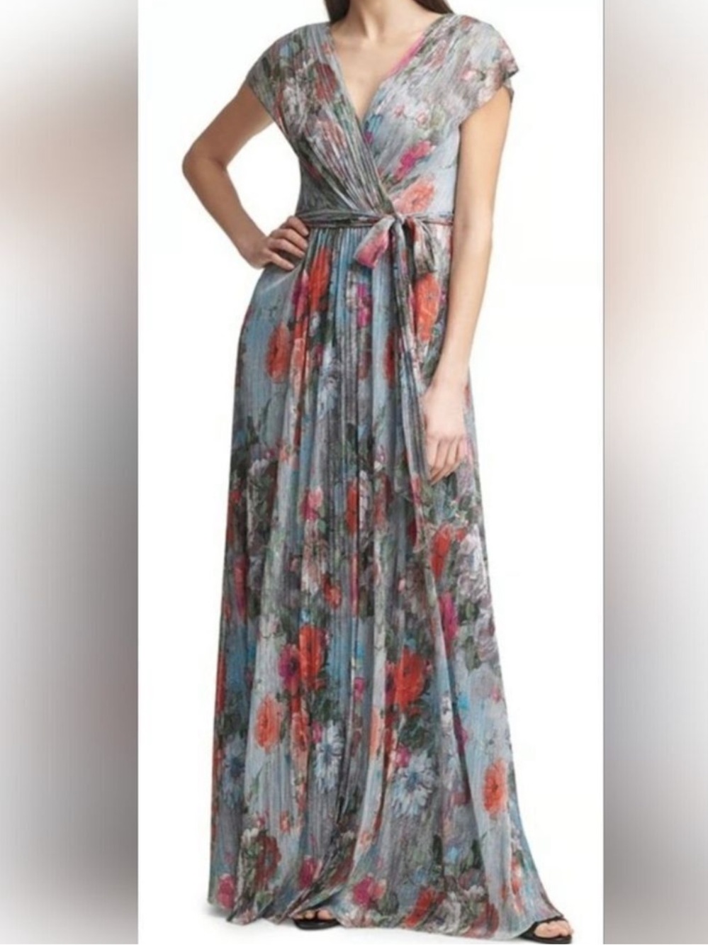 Eliza J Metallic Floral Drape Shoulder Maxi Gown Dress Size 2 Blue Multi